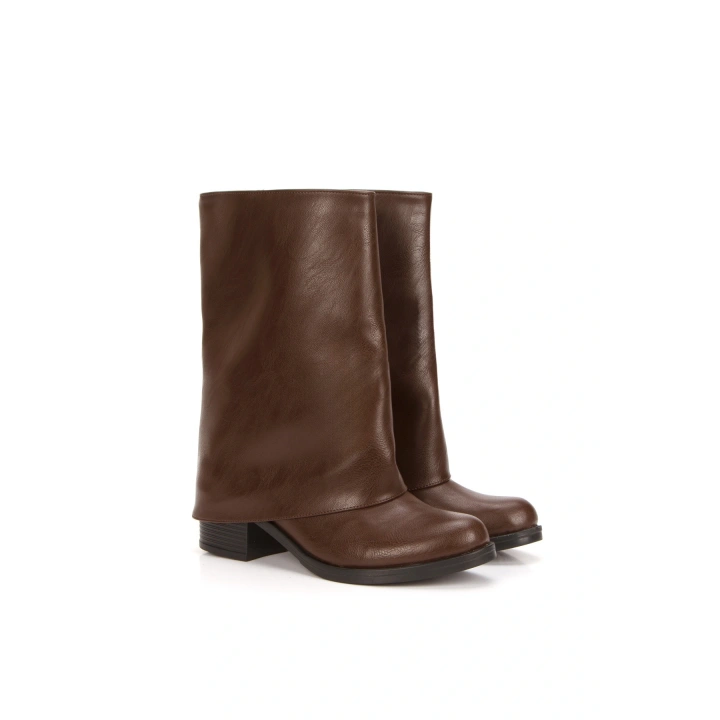 Kadın Kahverengi Suni Deri Cilt Yeni Tarz Silindir Paça Kalın Tabanlı Rahat ve Şık Bot