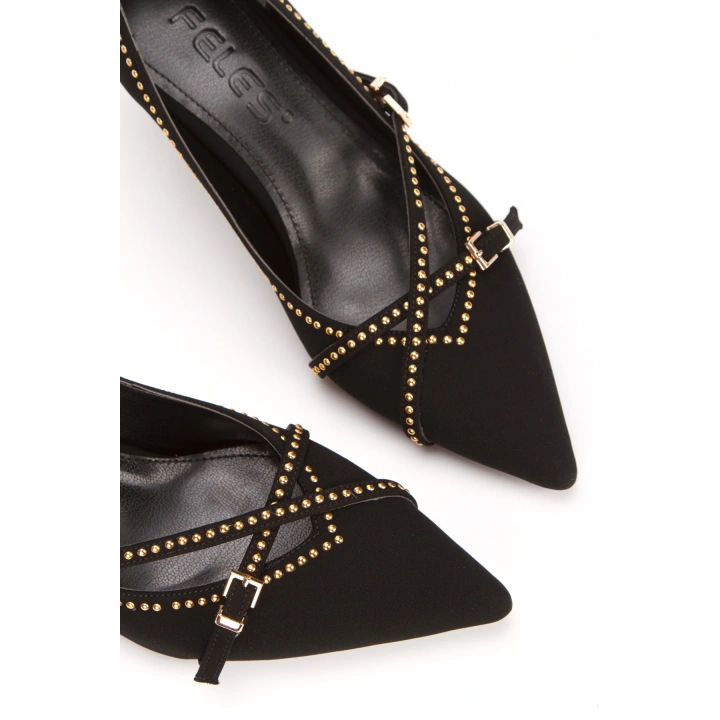 Kadın Siyah Süet 6 cm İnce Galvaniz Topuklu Şık Trok Detaylı Rahat Stiletto