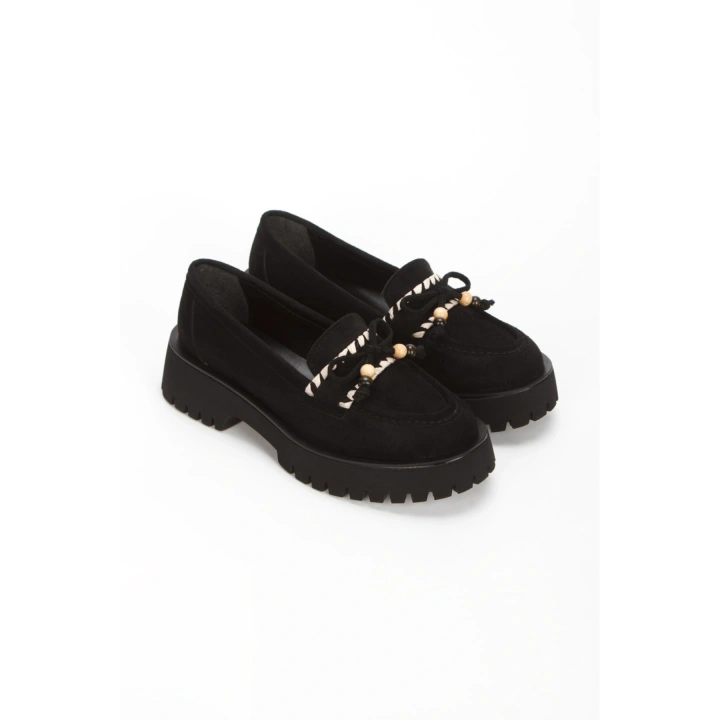 Kadın Siyah Süet Şık Fiyonk Detaylı Rahat Loafer Ayakkabı