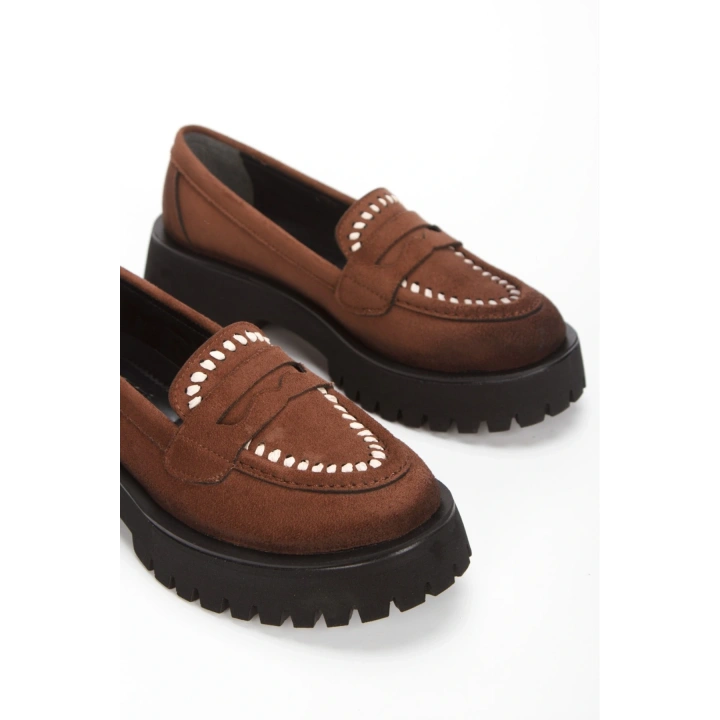 Kadın Kahve Süet Kalın Tabanlı Rahat Loafer Ayakkabı