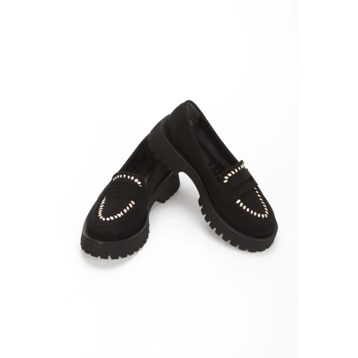 Kadın Siyah Süet Kalın Tabanlı Rahat Loafer Ayakkabı