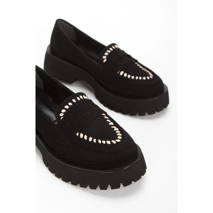 Kadın Siyah Süet Kalın Tabanlı Rahat Loafer Ayakkabı