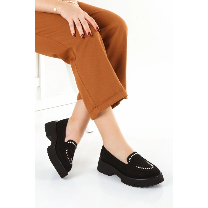 Kadın Siyah Süet Kalın Tabanlı Rahat Loafer Ayakkabı