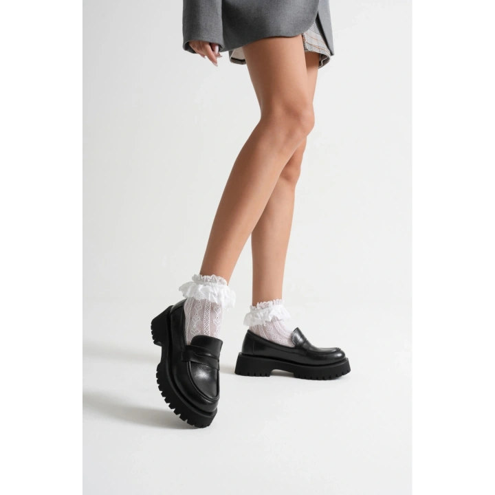 Kadın Siyah Suni Deri Cilt Kalın Tabanlı Rahat Loafer Ayakkabı