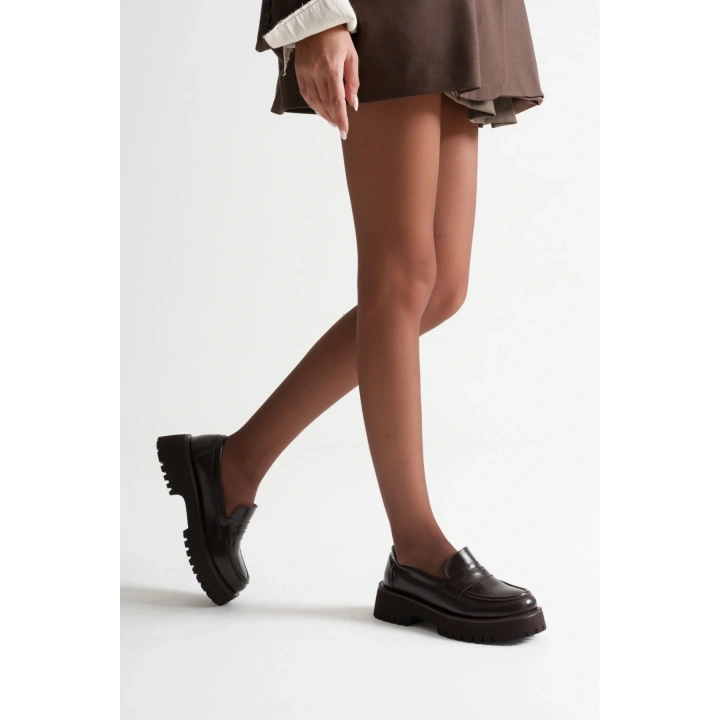 Kadın Kahverengi Suni Deri Cilt Kalın Tabanlı Rahat Loafer Ayakkabı