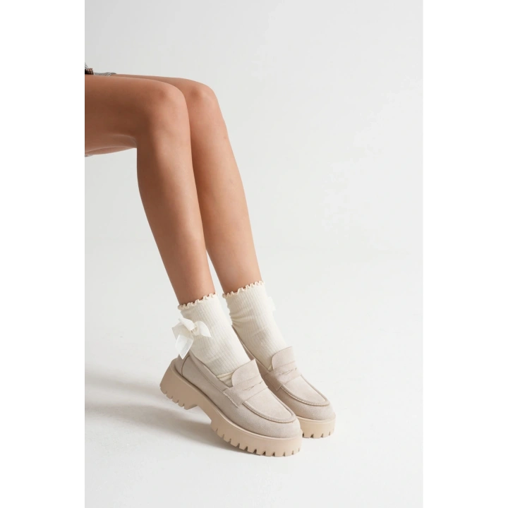 Kadın Bej Süet Kalın Tabanlı Rahat Loafer Ayakkabı