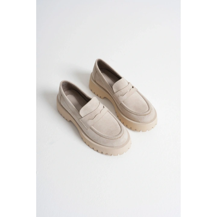 Kadın Bej Süet Kalın Tabanlı Rahat Loafer Ayakkabı