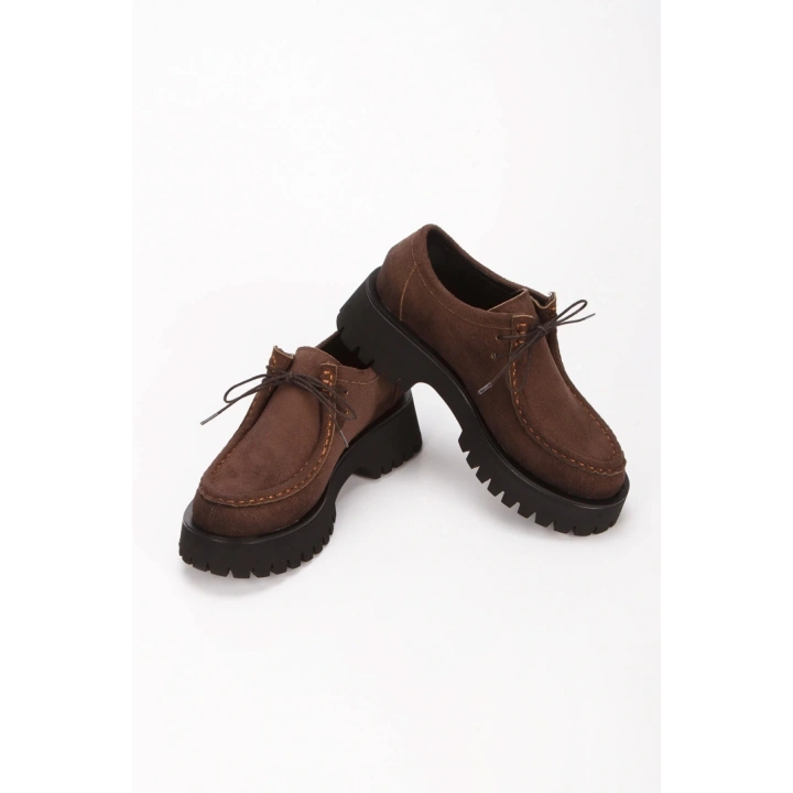 Kadın Kahverengi Süet Bağcık Detaylı Kalın Tabanlı Rahat Loafer Ayakkabı