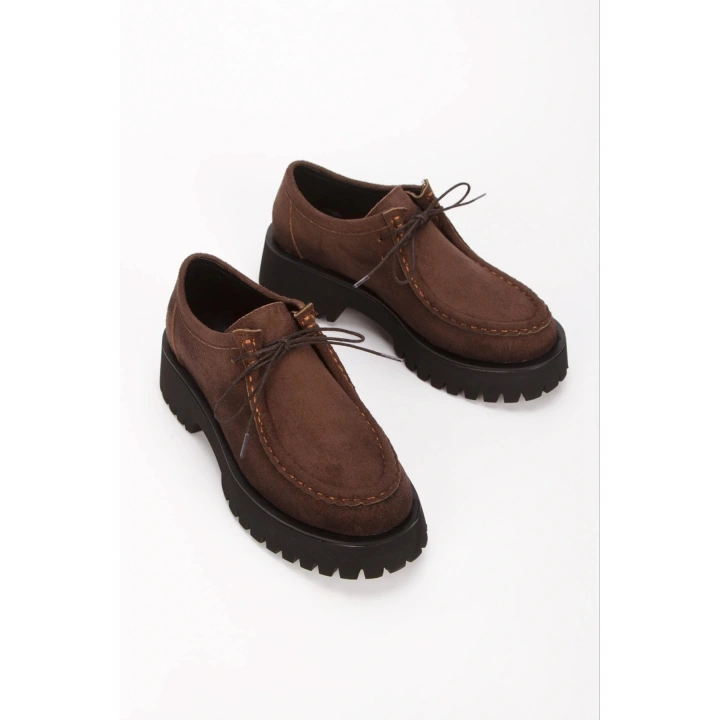 Kadın Kahverengi Süet Bağcık Detaylı Kalın Tabanlı Rahat Loafer Ayakkabı