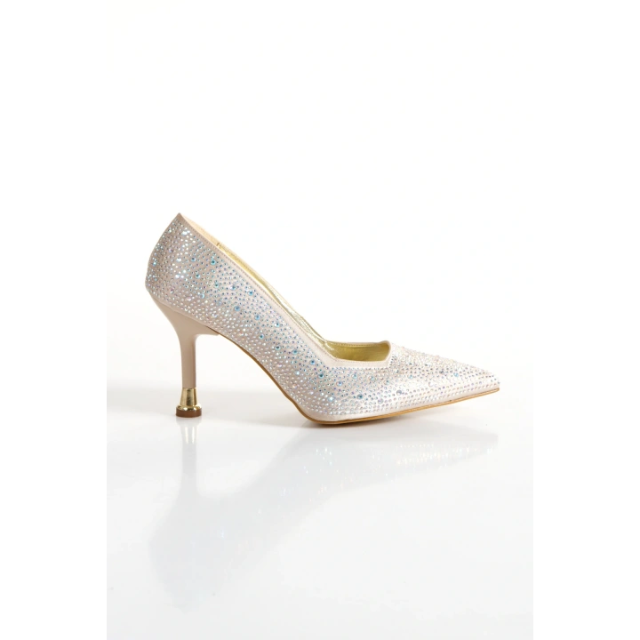 Kadın Altın Saten Damla Taşlarla Bezenmiş 8 cm İnce Galvaniz Topuklu Rahat Stiletto