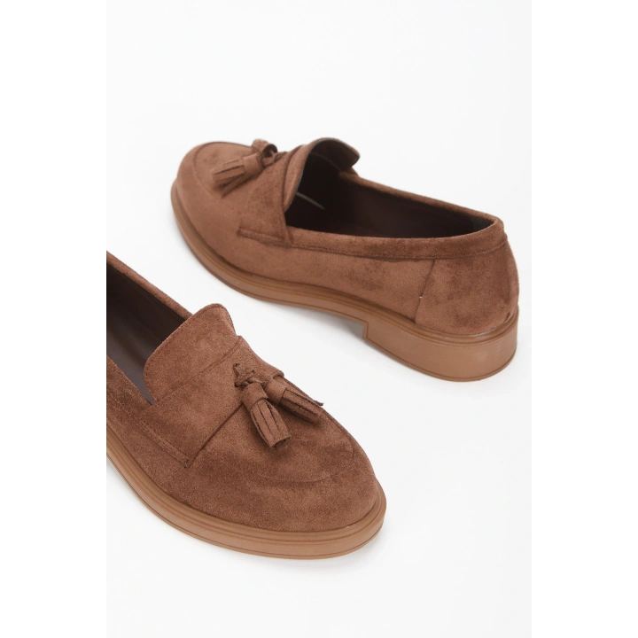 Kadın Kahve Süet Şık Püskül Detaylı Kalın Tabanlı Rahat Loafer Ayakkabı