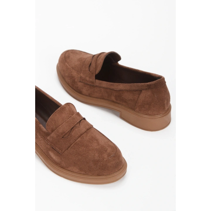 Kadın Kahverengi Süet Düz Kalın Tabanlı Rahat Loafer Ayakkabı