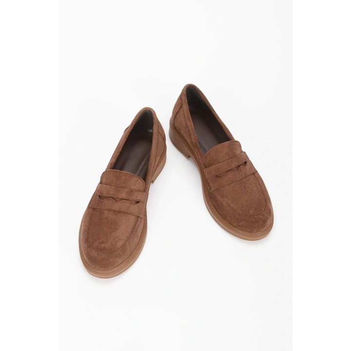 Kadın Kahverengi Süet Düz Kalın Tabanlı Rahat Loafer Ayakkabı