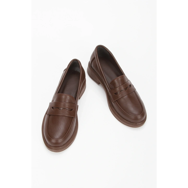 Kadın Kahverengi Suni Deri Kalın Tabanlı Rahat Loafer Ayakkabı