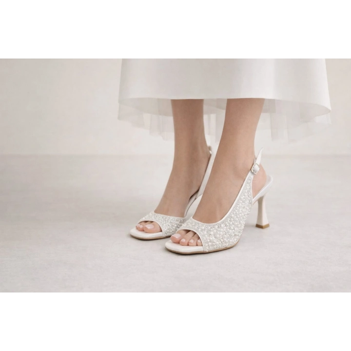 Kadın Sedef İnci Damla Taşlarla Bezenmiş İnce Topuklu Rahat Abiye Ayakkabı ve Çanta Kombini