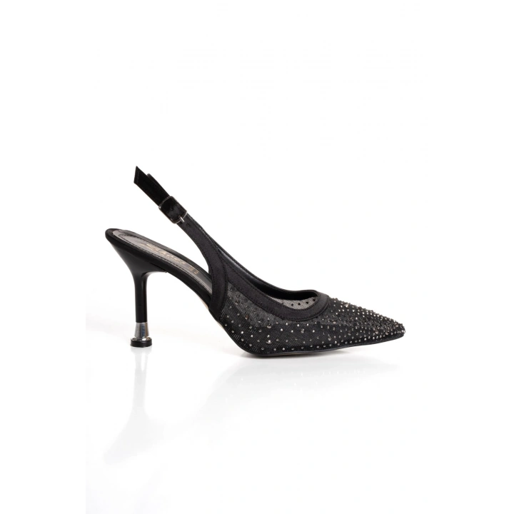 Kadın Siyah Parlak Damla Taşlarla Bezenmiş Fileli İnce GalvanizTopuklu Rahat Abiye Stiletto