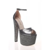 Kadın Platin Taşlarla Bezenmiş Yüksek Platform ve Yüksek Topuklu Arkası Kapalı  Şık Abiye Ayakkabı