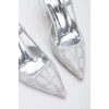 Kadın Gümüş Saten Desenli Taşlarla Bezenmiş 8 cm İnce Galvaniz Topuklu Rahat Stiletto