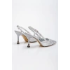 Kadın Gümüş Desenli Taşlarla Bezenmiş 8 cm İnce Galvaniz Topuklu Rahat Stiletto ve Çanta Kombini