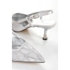 Kadın Gümüş Desenli Taşlarla Bezenmiş 5 cm İnce Galvaniz Topuklu Rahat Stiletto ve Çanta Kombini