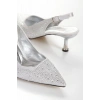 Kadın Gümüş Saten Damla Taşlarla Bezenmiş 5 cm İnce Galvaniz Topuklu Rahat Stiletto