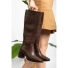 Kadın Kahve Suni Deri Cilt Küt Burunlu Kalın Topuklu Rahat Çizme