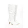 Kadın Beyaz Suni Deri Cilt Sivri Burunlu İnce Topuklu Rahat Körüklü Çizme