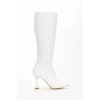 Kadın Beyaz Suni Deri Cilt Sivri Burunlu İnce Topuklu Rahat Çizme