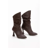 Kadın Kahverengi Suni Deri Cilt Sivri Burunlu İnce Topuklu Rahat Şık Bot