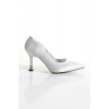 Kadın Gümüş Saten Arkası Kapalı 8 cm İnce Galvaniz Topuklu Rahat Stiletto