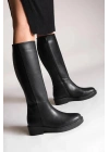 Kadın Siyah Cilt  Dekolte  Düz Topuklu Fermuarlı  Rahat Çizme