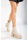 Kadın Bej-Ten Suni Deri Cilt Kalın Hafif Tabanlı Yandan Fermuarlı Rahat Bot