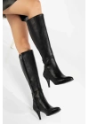 Kadın Siyah Suni Deri Cilt İnce Topuklu Sivri Burunlu  Şık ve Rahat Çizme