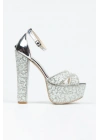 Kadın Gümüş İnci Taşlı Yüksek Platform Arkası Kapalı Kalın Topuklu Rahat ve Şık Abiye Ayakkabı