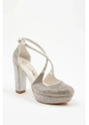 Kadın Sedef Komple Taşlı Arkası Kapalı Kalın Topuklu ve Platformlu Çapraz Abiye Ayakkabı