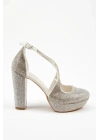 Kadın Sedef Komple Taşlı Arkası Kapalı Kalın Topuklu ve Platformlu Çapraz Abiye Ayakkabı