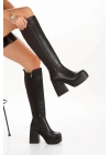 Kadın Siyah Dalgıç Arkası Esneyebilen Kumaş Hafif Platform Topuklu Sade Şık ve Rahat Çizme