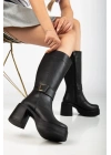 Kadın Siyah Suni Deri Cilt Kalın Hafif Tabanlı Şık Toka Detaylı Rahat Çizme