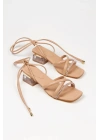 Kadın Nude Suni Deri Cilt Bilekten Bağlamalı Şık Taş Detaylı Şeffaf Kalın Topuklu Yazlık Sandalet