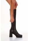Kadın Siyah Streç Yeni Tarz Küt Burunlu Hafif ve Yüksek Topuklu Fermuarlı Şık Rahat Çizme