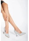 Kadın Gümüş Simli Şık Kadeh Topuklu Rahat Stiletto ve Çanta Kombini