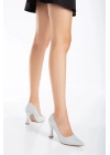 Kadın Gümüş Simli Şık Kadeh Topuklu Rahat Stiletto ve Çanta Kombini