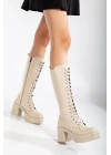 Kadın Bej-Ten Suni Deri Cilt Kalın  Tabanlı Bağcıklı ve Fermuarlı Şık Postal  Çizme