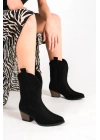 Kadın Siyah  Süet   Westren Tarzı Kalın Topuklu Rahat Bot