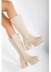 Kadın Ten-Bej Suni Deri Cilt Hafif ve Yüksek Topuklu Düz Şık Rahat Çizme