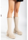 Kadın Ten-Bej Suni Deri Cilt Hafif ve Yüksek Topuklu Düz Şık Rahat Çizme