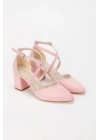 Kadın Pembe Süet Arkası Kapalı Kalın Topuklu  Çapraz Biyeli  Karnıyarık Ayakkabı