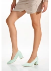 Kadın Su Yeşili Süet  Stiletto Kısa Kalın Topuklu Şık Stiletto