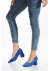 Kadın Saks Mavi  Süet  Stiletto Kısa Kalın Topuklu Şık Stiletto
