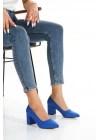 Kadın Saks Mavi  Süet  Stiletto Kısa Kalın Topuklu Şık Stiletto
